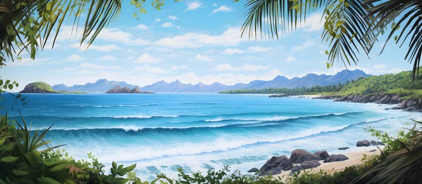 Tropical beach landscape with turquoise ocean waves framed by lush green palm trees and foliage
