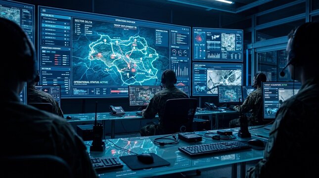 High-Tech Military Command Center with Tactical Map Screens and Troop Deployment Data, Soldiers Monitoring Global Operations in Modern War Room for News