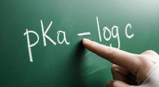 Hand pointing to chemistry equation on blackboard