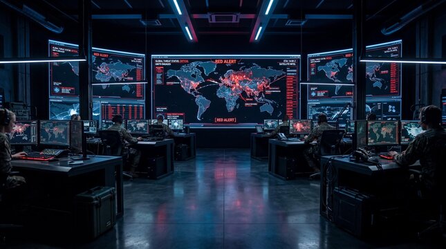 Military Command Center with World Map and Red Alert Screens, Soldiers Monitoring Global Threats in High-Tech War Room for News and Cyber Warfare Concept