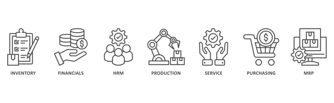 ERP banner web icon illustration with icon of inventory, financials, hrm, production, service, purchasing, mrp