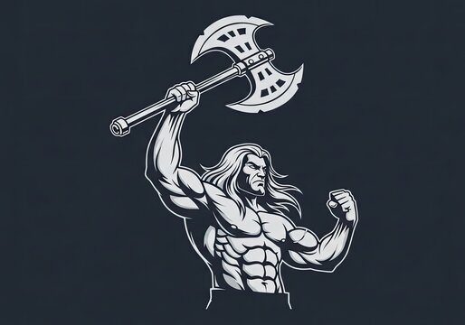 Muscular barbarian warrior holding a double headed battle axe aloft