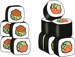 Detailed Vector Illustration of Stacked Maki and Uramaki Sushi Rolls with Salmon and AvocadoDetailed Vector Illustration of Stacked Maki and Uramaki Sushi Rolls with Salmon and Avocado © Sonjoy