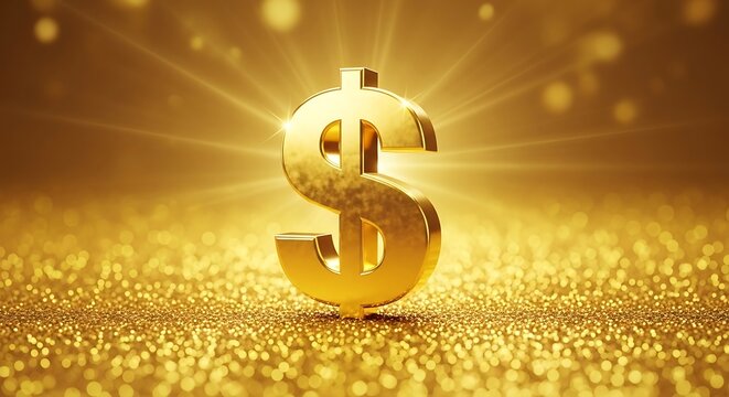 Brilliant golden currency symbol shines brightly over a sparkling surface