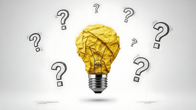 Crumpled light bulb with question marks floating around it on white background