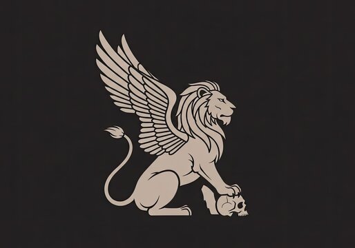 Mythological winged lion sitting with human skull on black background