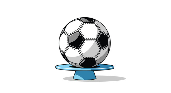A soccer ball shaped cake sits atop a light blue pedestal cake stand against a soft white background in a simple professional studio photographic style.