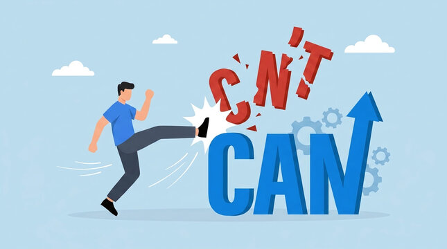 Successful professional businessman kicking away the letter t from the word cant to create a positive motivational can message of personal empowerment and inspiration for career achievement.