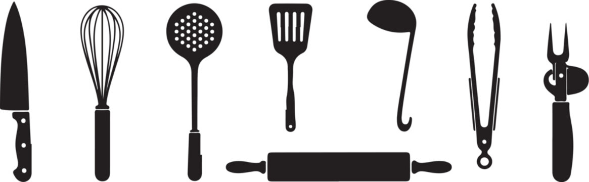 Black kitchen utensils on white background cooking tools