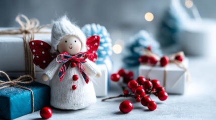 Obraz premium Christmas Angel Figurine with Gifts and Decorations in Festive Setting