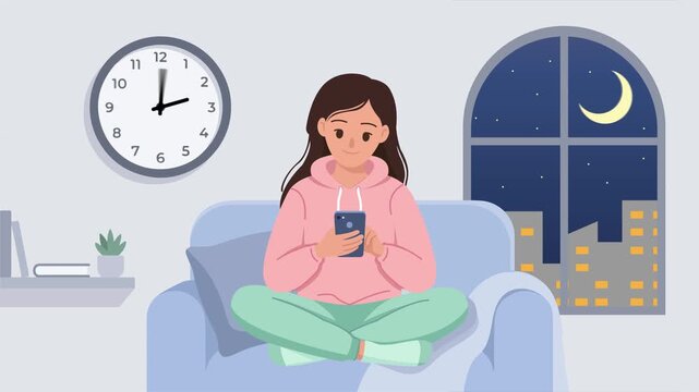 Digital Addiction and Insomnia Concept with Character Scrolling Phone All Day