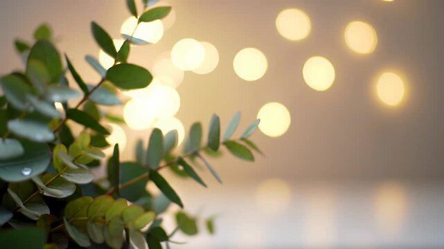 Smooth horizontal dolly video past dew-kissed eucalyptus & muted autumnal foliage, soft focus, creamy bokeh, warm amber lights shimmer. Concept of warmth, comfort & peace