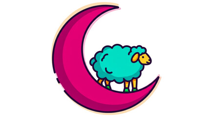 Obraz premium A cartoon sheep is sleeping on a pink crescent moon peacefully