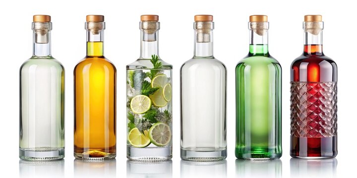 five assorted liquor bottles with citrus and botanicals isolated on white background