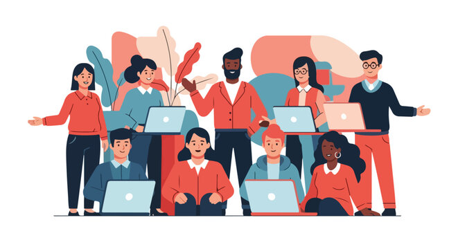 This diverse group of professionals and students is working together with their laptops in a modern, collaborative office or educational setting.