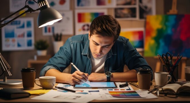 Graphic designer working late on digital tablet at desk