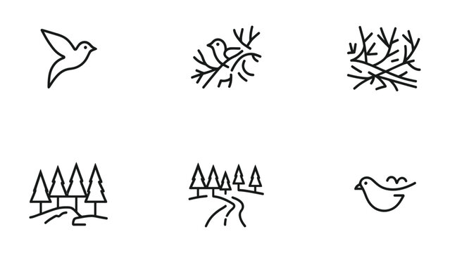Nature Icons: A collection of simple, elegant line art icons representing the tranquility of nature, including images of birds, nests, and landscapes. 