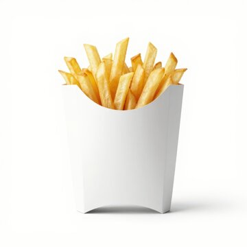 Golden french fries in white paper container isolated on clean background fast food snack.