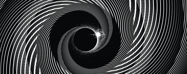 Black hole with disc of plasma eating dying star in space. Supermassive singularity in core off a galaxy, with spiral lines . Event horizon .Vector illustration © miloje