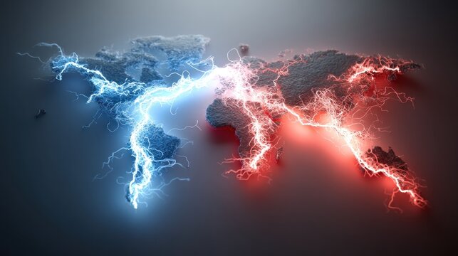 World map split with lightning in blue and red