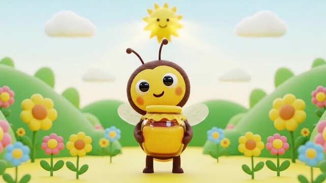 Animated bee with honey pot in a colorful garden scene with sun and clouds
