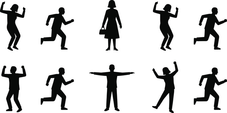 Collection of business and casual people silhouettes showing running dancing standing and professional poses isolated on white background