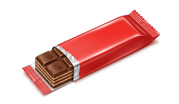 Chocolate wafer bar in red wrapper partially opened realistic snack packaging vector illustration
