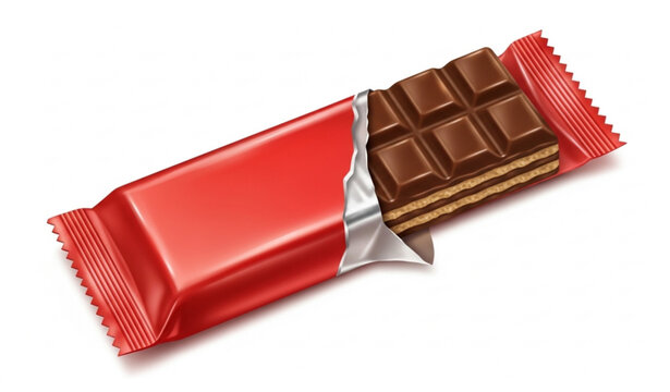 Chocolate wafer bar in red wrapper partially opened realistic snack packaging vector illustration