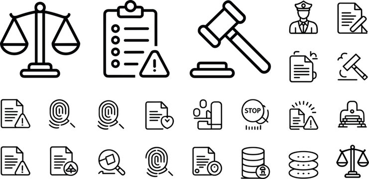 Large collection of forensic investigation and law enforcement line icons featuring justice scales fingerprint analysis gavel police officer and legal document evidence vector design.