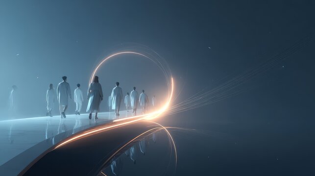 Figures Walking Along a Narrow Elevated Path in a Surreal Procession