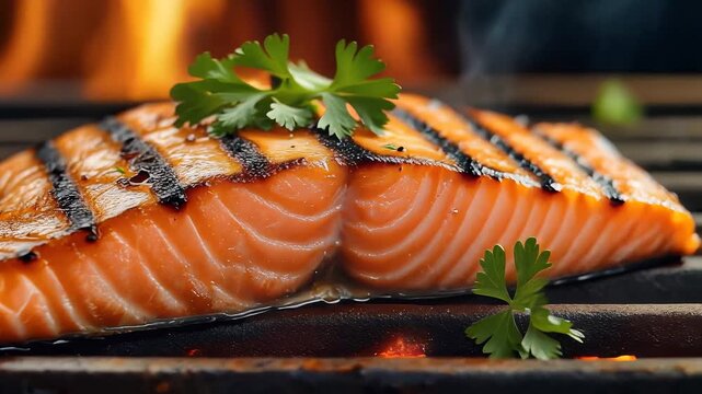 Grilled salmon fillets, sizzling on grill with grill marks and parsley garnish, symbolizing healthy dining and summer BBQs