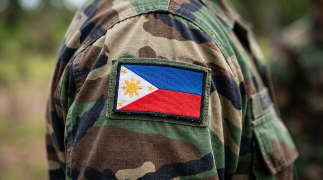 Philippine flag patch on military uniform shoulder close up