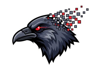 Fototapeta premium Stylized raven mascot head with red eyes and pixels