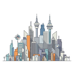 Obraz premium Modern Cityscape Skyline Illustration with Geometric Buildings and Target Icon