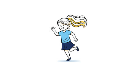 Fototapeta premium Happy young girl with a long blonde ponytail running playfully in a blue shirt and dark skirt against a simple white background.