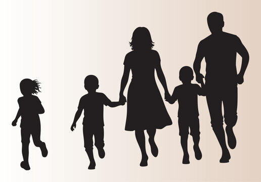 Silhouette of happy family with three children walking together and holding hands in unity