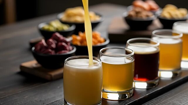 A flight of various beers is served with a charcuterie board on dark wooden table