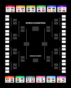 World Football Soccer Tournament Knockout Stage Bracket Infographic with Group Standings and National Flags