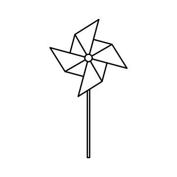 Simple line art pinwheel toy with clean outline, minimal design, isolated on white background, playful wind spinner concept for kids, decoration, and outdoor fun.