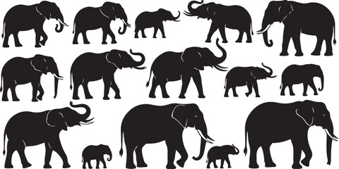 Fototapeta premium Black silhouettes of elephants in various poses animals