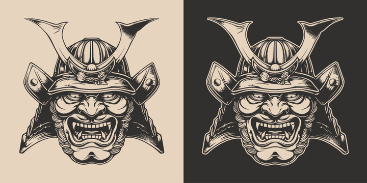 Vintage retro engraving woodcut style sketch draw paint of Samurai scary angry japanese head mask illustration