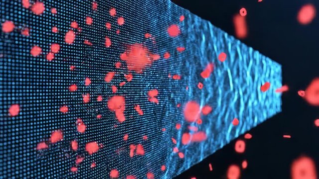 A 3D cube with a blue pixelated surface shatters into red fragments on a dark background