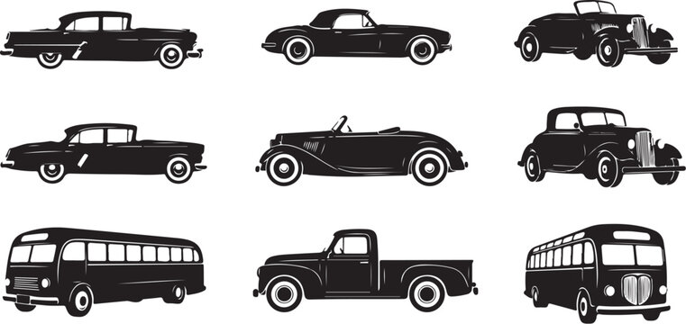 Black silhouettes of vintage cars and trucks on white
