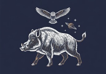 Obraz premium Vintage wild boar and owl illustration with celestial cosmic elements
