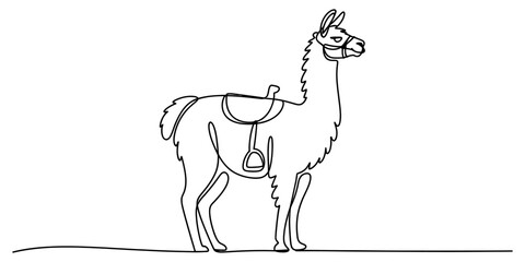 Obraz premium Continuous single line drawing of a cute standing llama with a saddle on its back for travel and hiking concept art illustration Vector, illustration