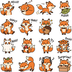 Obraz premium cute cartoon red fox doodle vector set design flat color illustration