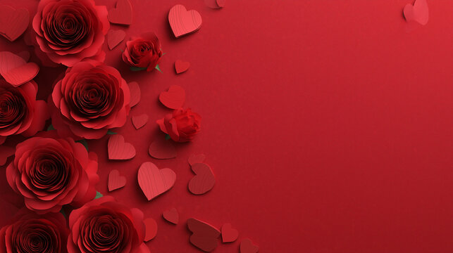 valentine's day background with red roses and paper hearts on a red background, a love concept banner for a greeting card or poster design. valentine's day backdrop. 3d rendering illustration