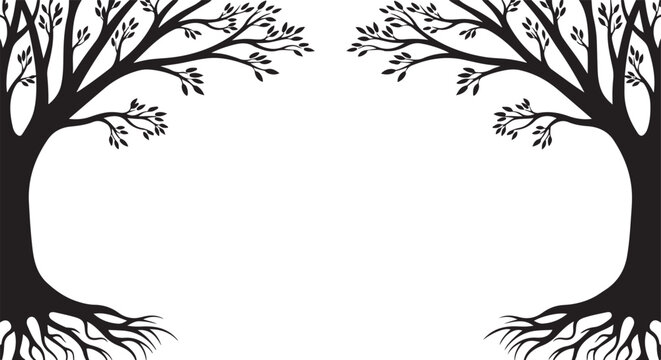 Tree Silhouette Frame, Black Tree Branches, Roots Illustration, Vector Border