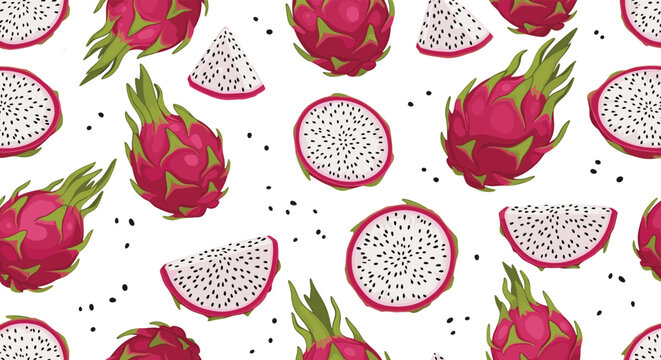 Vibrant seamless pattern featuring pink dragon fruits in whole sliced and wedge forms with black seeds on a white background.