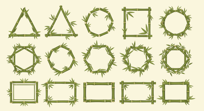 Assortment of decorative frames and borders crafted from green bamboo stalks and leaves in square triangular and polygonal shapes.